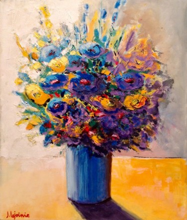 Картина под названием "bouquet sur nappe b…" - Jacques Lajoinie, Подлинное произведение искусства, Масло