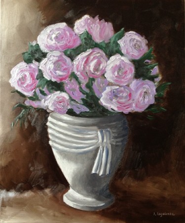 Картина под названием "Bouquet de roses pi…" - Jacques Lajoinie, Подлинное произведение искусства, Масло