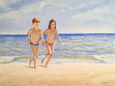 Pittura intitolato "Enfants à la plage" da Jacques Lajoinie, Opera d'arte originale, Olio