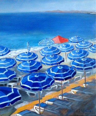 Pintura intitulada "plage aux parasols…" por Jacques Lajoinie, Obras de arte originais, Óleo