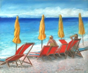 Pintura titulada "Les parasols jaunes" por Jacques Lajoinie, Obra de arte original, Oleo