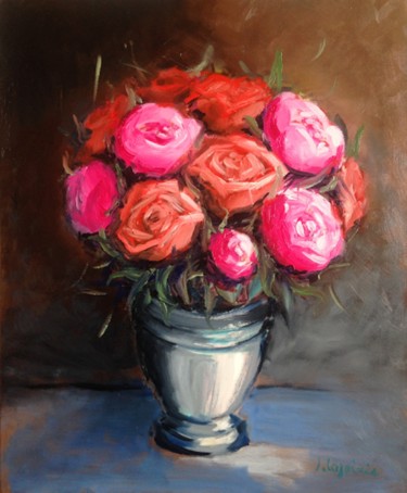 Peinture intitulée "Roses et pivoines" par Jacques Lajoinie, Œuvre d'art originale, Huile
