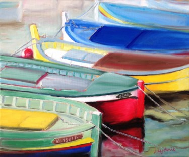 Pintura titulada "barques amarrées" por Jacques Lajoinie, Obra de arte original, Oleo