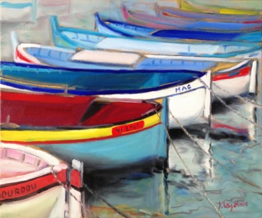 Pintura titulada "la rangée de barques" por Jacques Lajoinie, Obra de arte original, Oleo
