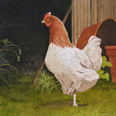 Painting titled "La poule" by Jacques Place, Original Artwork, Acrylic Mounted on Wood Panel