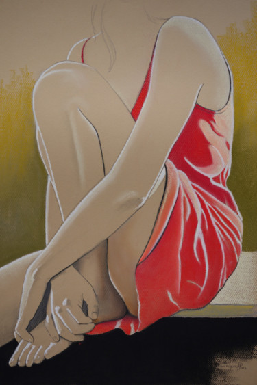 Рисунок под названием "La robe rouge" - Jacques Place, Подлинное произведение искусства, Пастель