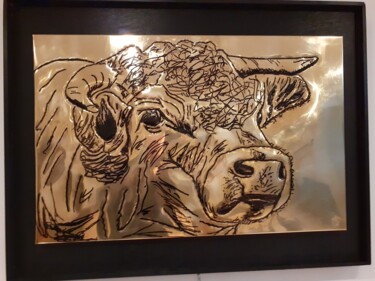 Printmaking titled "le taureau charolais" by Jacques Tronquet, Original Artwork, Embossing Mounted on Wood Panel