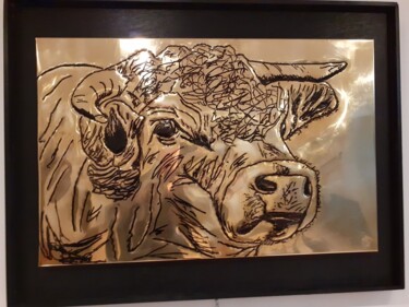 le taureau charolais Gravures & estampes intitulée "le taureau charolais" par Jacques Tronquet, Œuvre d'art originale, Embossage Monté sur Pannea…