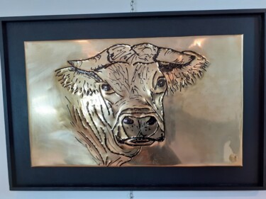Printmaking titled "La vache Charolaise" by Jacques Tronquet, Original Artwork, Embossing Mounted on Wood Panel
