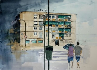 Painting titled "Barrio" by Jacques Villares, Original Artwork, Watercolor