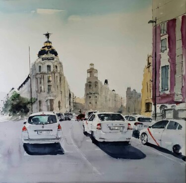 Malerei mit dem Titel "Madrid, Gran Via" von Jacques Villares, Original-Kunstwerk, Aquarell