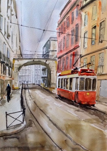 Pintura titulada "Calle con tranvía" por Jacques Villares, Obra de arte original, Oleo