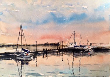 Painting titled "Atardecer en el pue…" by Jacques Villares, Original Artwork, Watercolor