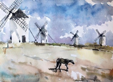 Painting titled "Molinos en La Mancha" by Jacques Villares, Original Artwork, Watercolor