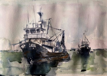 Painting titled "Pesqueros 2" by Jacques Villares, Original Artwork, Watercolor