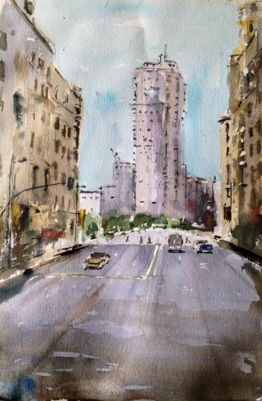 Malerei mit dem Titel "Gran Vía de Madrid" von Jacques Villares, Original-Kunstwerk, Aquarell