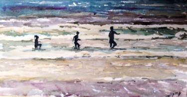 Painting titled "Jugando al atardecer" by Jacques Villares, Original Artwork, Watercolor