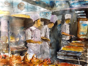 Painting titled "Cocineros" by Jacques Villares, Original Artwork, Watercolor