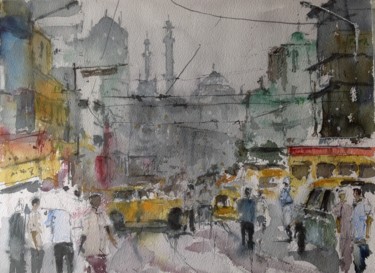 Картина под названием "Calles de Bombay" - Jacques Villares, Подлинное произведение искусства, Акварель
