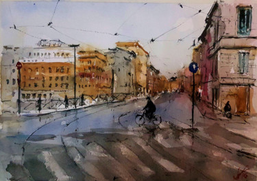 Pittura intitolato "Roma, Corso del Rin…" da Jacques Villares, Opera d'arte originale, Acquarello