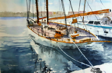 Peinture intitulée "Puerto de Tarragona" par Jacques Villares, Œuvre d'art originale, Aquarelle