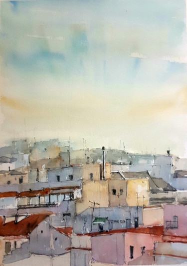 Malerei mit dem Titel "Madrid por arriba" von Jacques Villares, Original-Kunstwerk, Aquarell