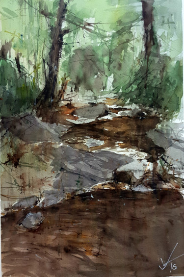 Painting titled "Río Guadalix" by Jacques Villares, Original Artwork, Watercolor