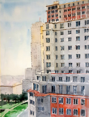 Peinture intitulée "Edificio España" par Jacques Villares, Œuvre d'art originale, Aquarelle