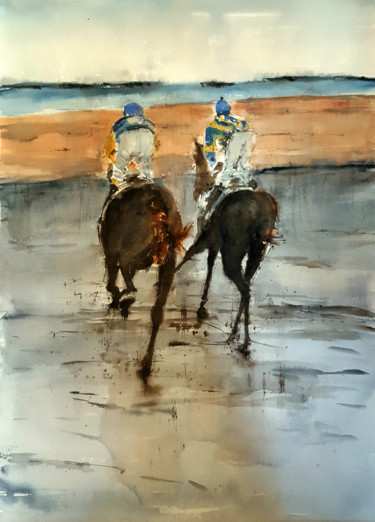 Painting titled "Carreras en Sanlucar" by Jacques Villares, Original Artwork, Watercolor