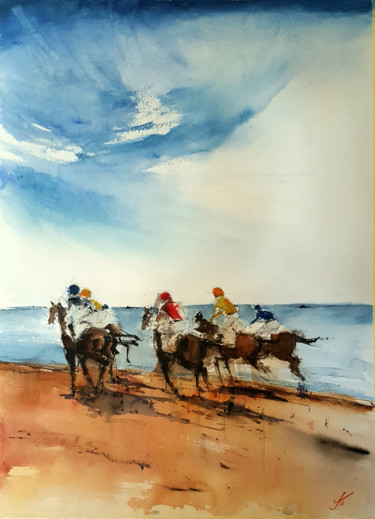 Malerei mit dem Titel "Carreras de caballo…" von Jacques Villares, Original-Kunstwerk, Aquarell