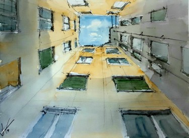 Painting titled "Patio interior I" by Jacques Villares, Original Artwork, Watercolor
