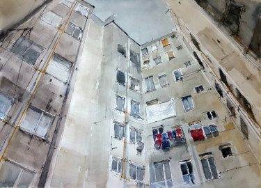 Картина под названием "Patio interior II" - Jacques Villares, Подлинное произведение искусства, Акварель