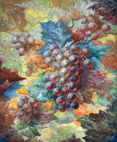 Painting titled "Grappes de raisins" by Jacquiot, Original Artwork, Acrylic