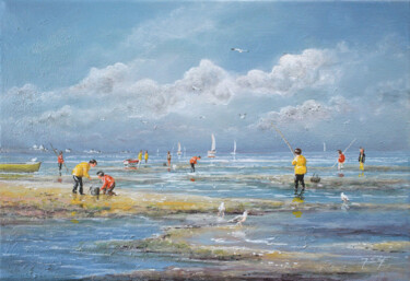 Malerei mit dem Titel "Pêche à marée basse" von Jacquiot, Original-Kunstwerk, Acryl