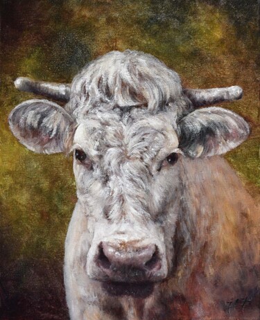 Malerei mit dem Titel "Portrait de vache" von Jacquiot, Original-Kunstwerk, Öl