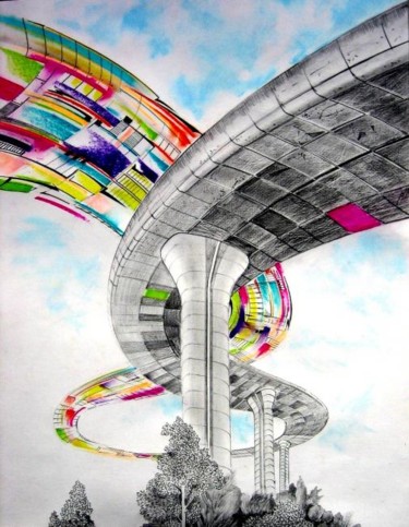 Dibujo titulada "Les Autoroutes Cele…" por Jacques Durand, Obra de arte original