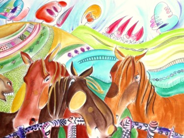 Peinture intitulée "Quatre chevaux (Fou…" par Jacques Durand, Œuvre d'art originale
