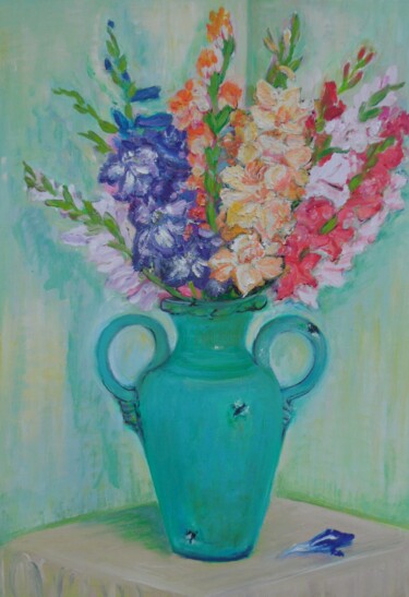 Malerei mit dem Titel "Gladiolen im grünen…" von Jaga Rudnicka, Original-Kunstwerk, Öl
