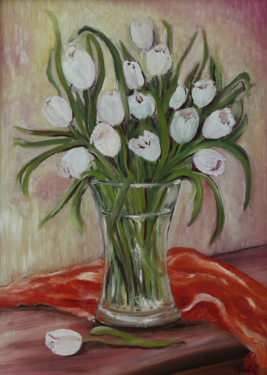 Schilderij getiteld "Weisse Tulpen und d…" door Jaga Rudnicka, Origineel Kunstwerk, Olie