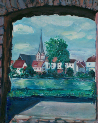 Painting titled "Kirche im Erlenbach" by Jaga Rudnicka, Original Artwork, Oil