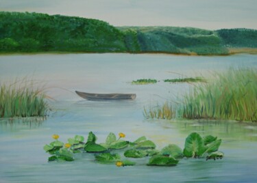 Malerei mit dem Titel "Landschaft mit Boot" von Jaga Rudnicka, Original-Kunstwerk, Öl