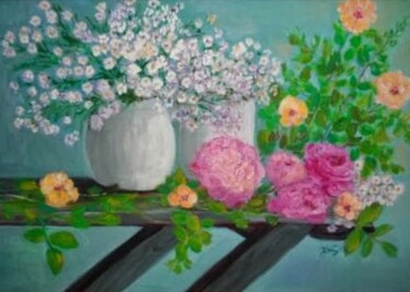 Malerei mit dem Titel "Blumen auf der Bank" von Jaga Rudnicka, Original-Kunstwerk, Öl