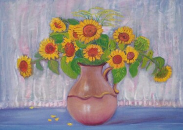 Malerei mit dem Titel "Sonneblumen in Krug" von Jaga Rudnicka, Original-Kunstwerk, Öl