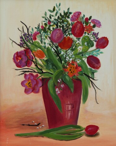 Malarstwo zatytułowany „Tulpen in der roten…” autorstwa Jaga Rudnicka, Oryginalna praca, Olej