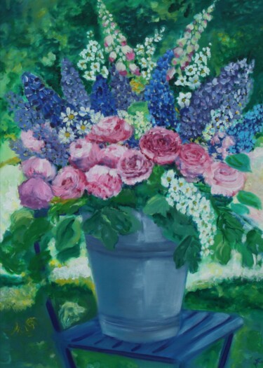 Malerei mit dem Titel "Eimer mit dem Blumen" von Jaga Rudnicka, Original-Kunstwerk, Öl