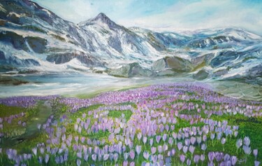 Malerei mit dem Titel "Krokusse im Gebirge" von Jaga Rudnicka, Original-Kunstwerk, Öl