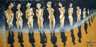 Картина под названием "The Fashion Show" - Jagath Wickramarachchi, Подлинное произведение искусства, Масло Установлен на Дер…