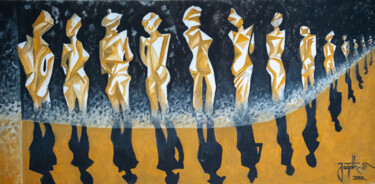 Malerei mit dem Titel "The Fashion Show" von Jagath Wickramarachchi, Original-Kunstwerk, Öl Auf Holzplatte montiert