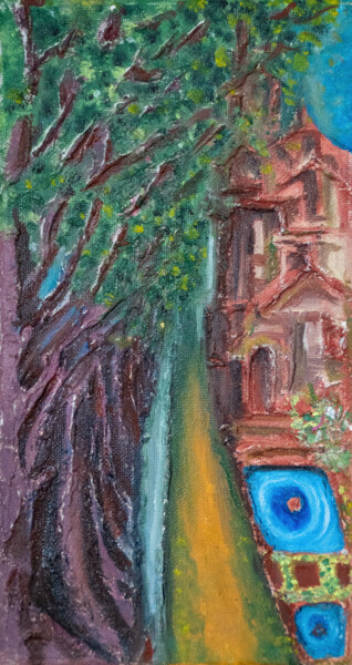 Painting titled "Palace By Lake" by Jagath Wickramarachchi, Original Artwork, Oil Mounted on Wood Panel