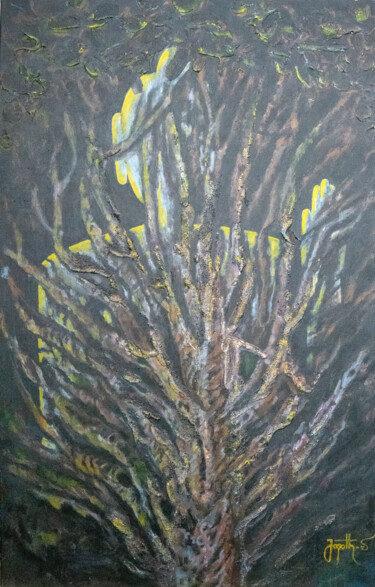 Malerei mit dem Titel "Tree Of Sins" von Jagath Wickramarachchi, Original-Kunstwerk, Öl Auf Holzplatte montiert
